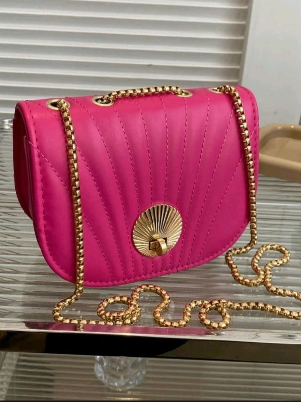 Hot Pink Quilted Crossbody Bag with Gold Chain